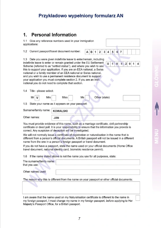 Wzór wypełnienia formularza AN wniosku online na obywatelstwo brytyjskie dla dorosłych