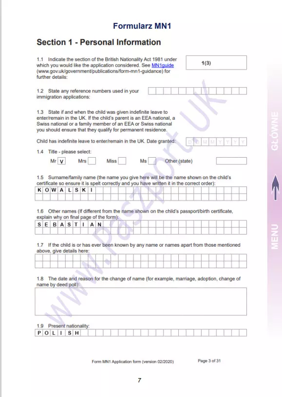 Wzór wypełnienia wniosku formularza MN1 obywatelstwo brytyjskie dla dzieci